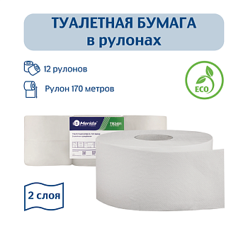 TB2401	Туалетная бумага в рулонах MERIDA КОМФОРТ, 2 сл., белая, 12 рул. х 170 м,2*16гр											